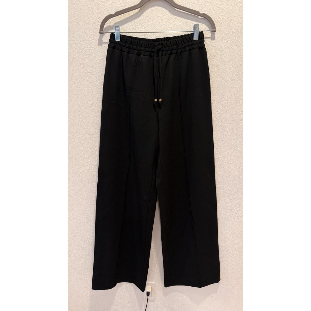 Zara Pants Womens Small Black Wide Leg Twill Elastic Waist Drawstring Casual